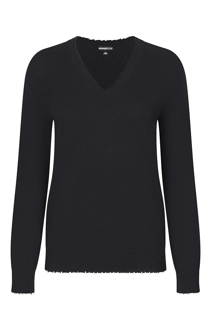 Cotton Cashmere Frayed V-Neck Long Sleeve