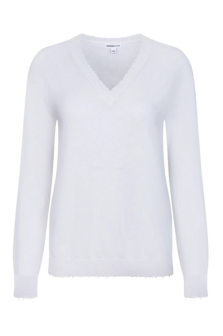 Cotton Cashmere Frayed V-Neck Long Sleeve