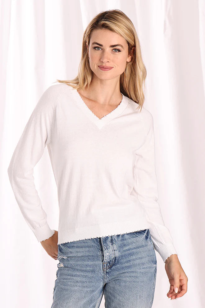 Cotton Cashmere Frayed V-Neck Long Sleeve