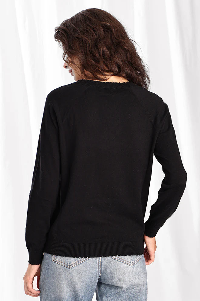 Cotton Cashmere Frayed V-Neck Long Sleeve