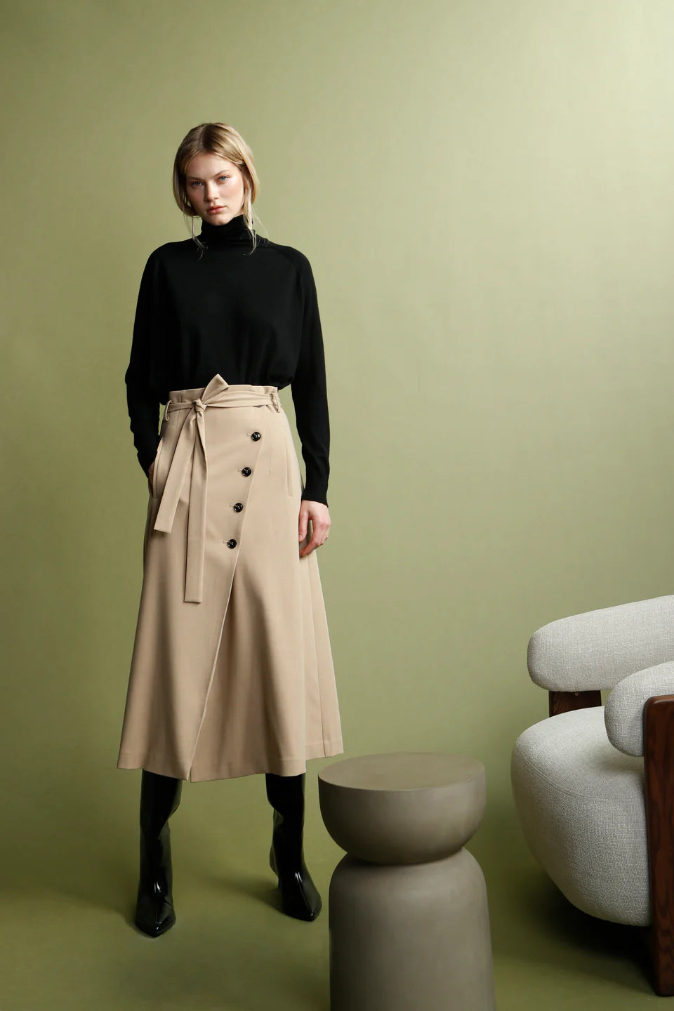 High-Waisted Wrap Skirt with Side Button Detail