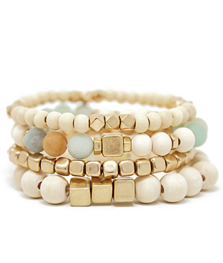 4 Strand Wood & Gold Cube Bracelet Set