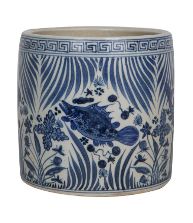 Blue And White Fish Lotus Greek Key Cachepot