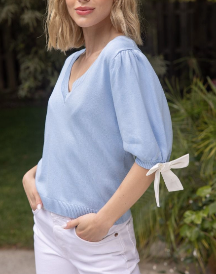 V-Neck Knit Top with Bow-Tie Sleeves