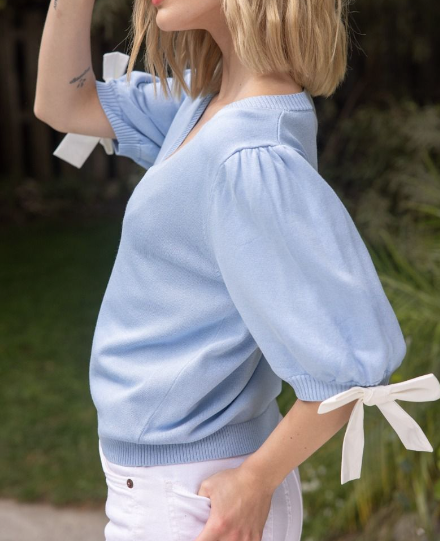 V-Neck Knit Top with Bow-Tie Sleeves