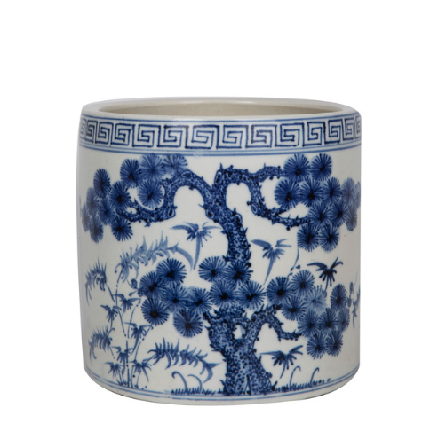 Blue And White Pine Tree Greek Key Cachepot