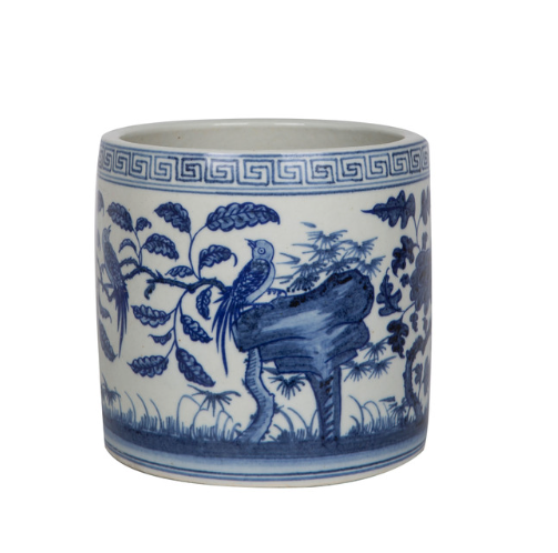 Blue And White Flower Bird Greek Key Cachepot