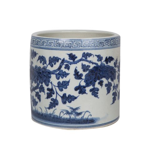 Blue And White Flower Bird Greek Key Cachepot