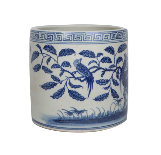 Blue And White Flower Bird Greek Key Cachepot