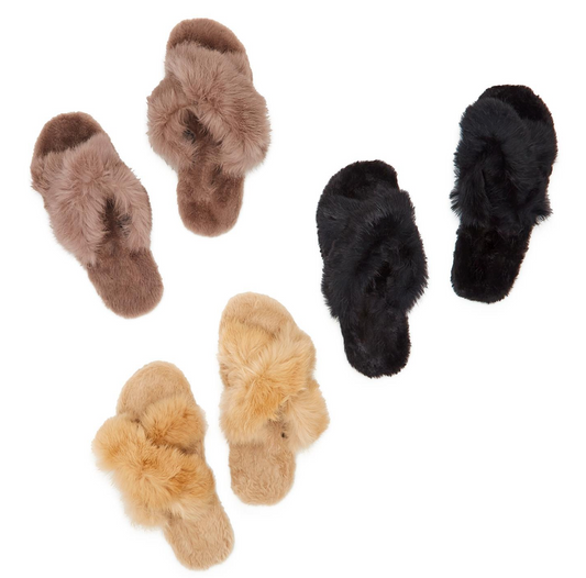 Faux Fur Cross Band Slippers