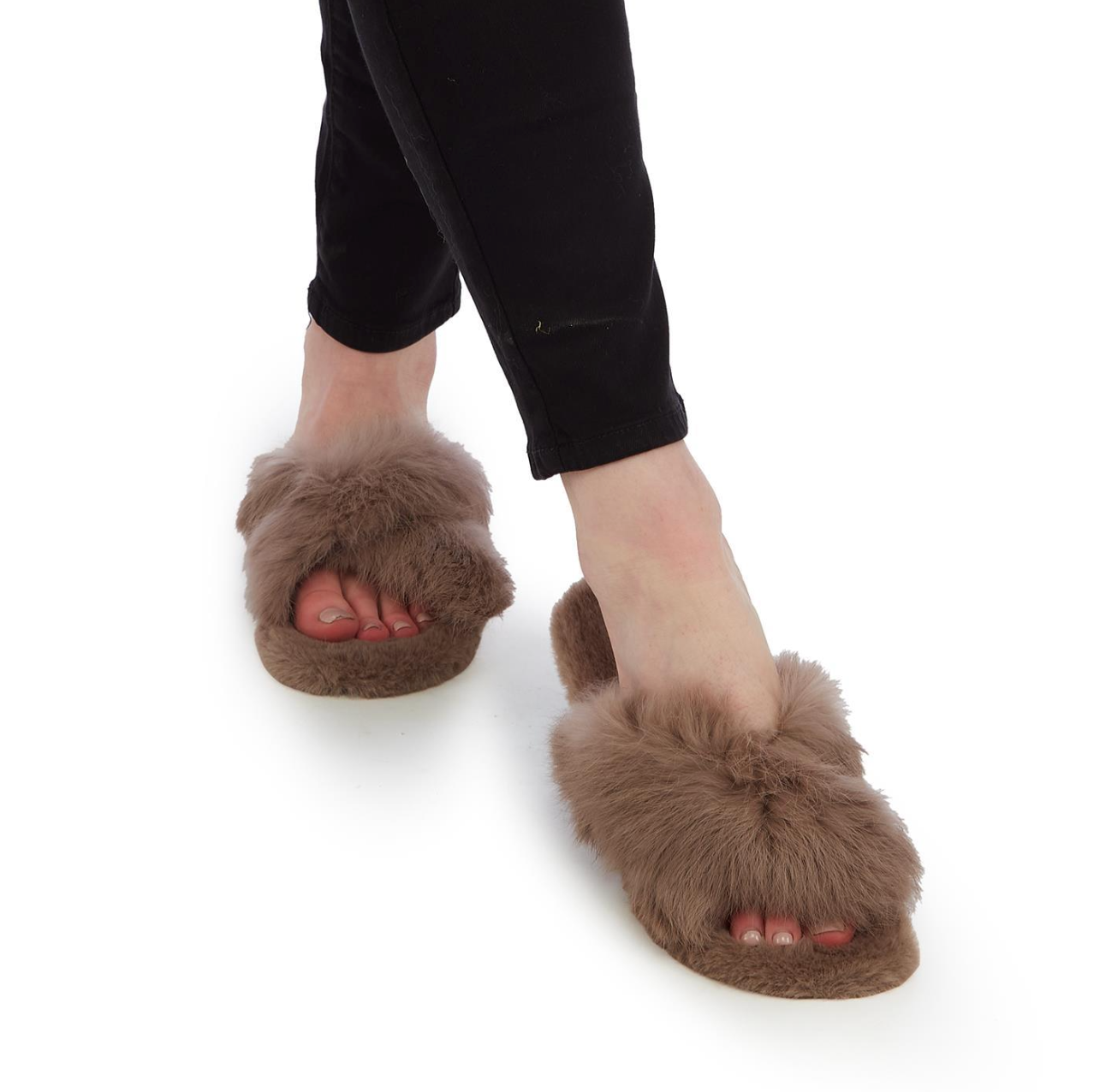 Faux Fur Cross Band Slippers