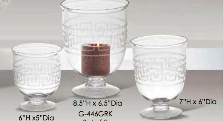 Etched Greek Key Hurricane Vases- 3 Sizes