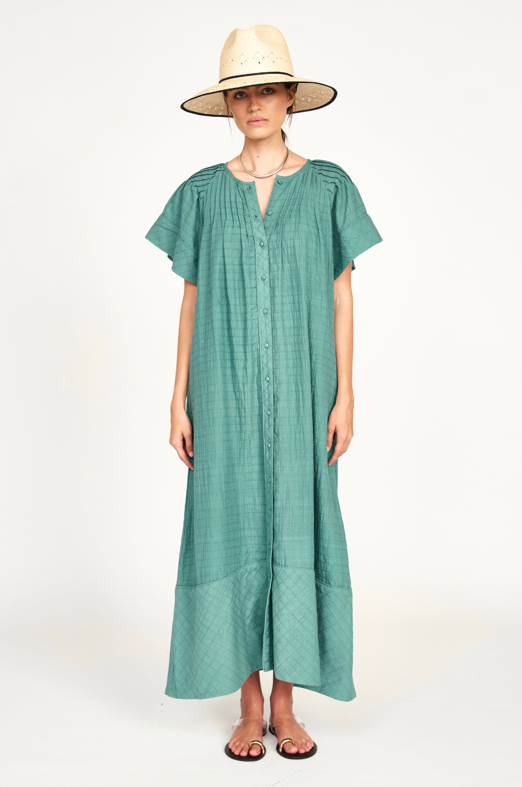 Vienna Pintuck Dress in Teal Stitch