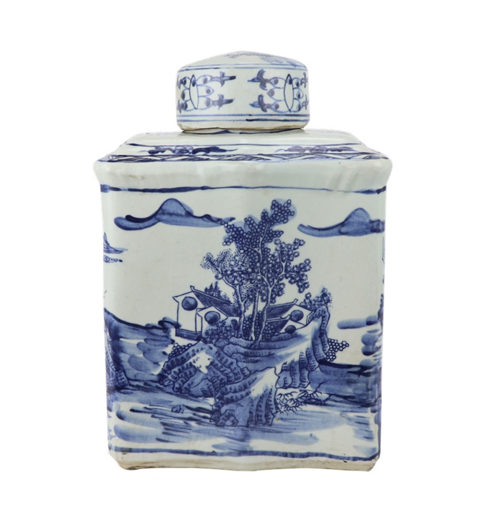 Blue and White Curved Tea Jar Landscape Motif