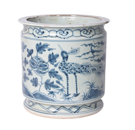 Blue and White Orchid Pot Bird Motif