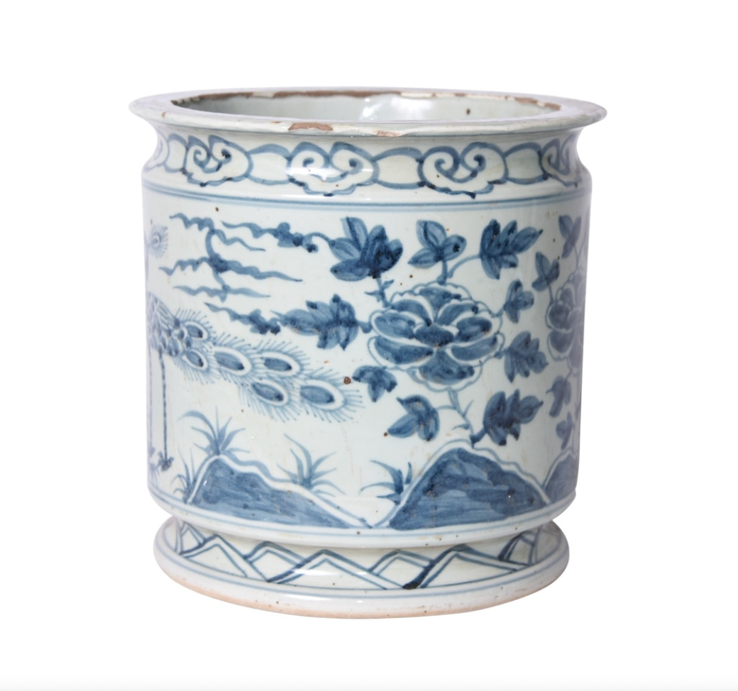 Blue and White Orchid Pot Bird Motif