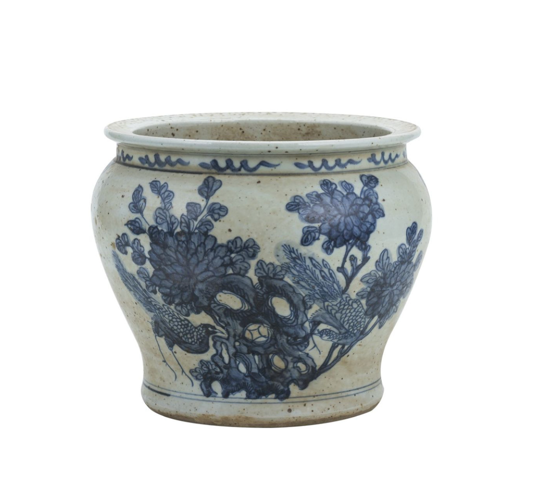 Blue And White Small Planter Flower With Pheasant