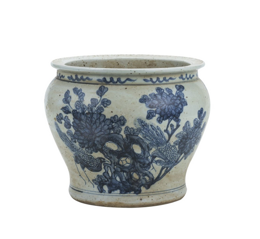Blue And White Small Planter Flower With Pheasant