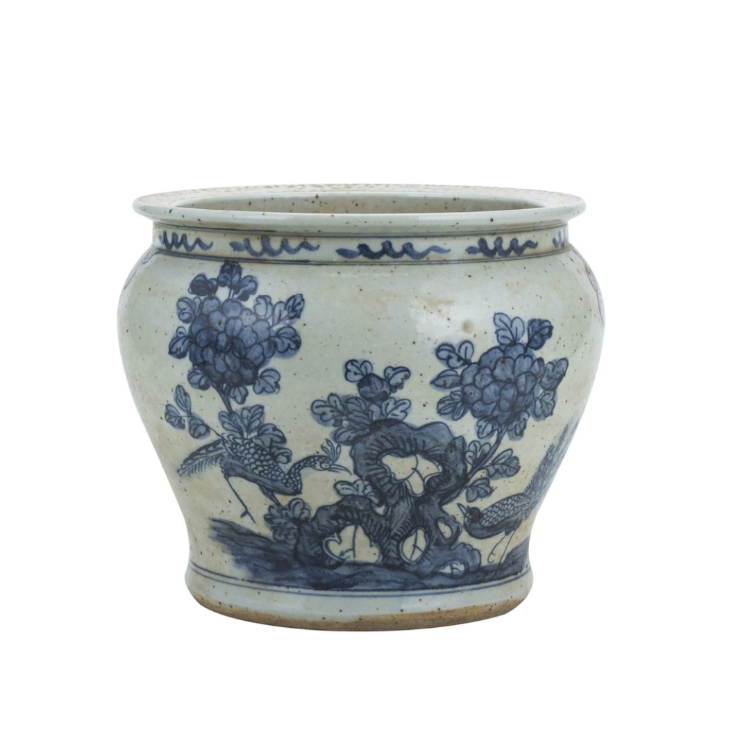 Blue And White Small Planter Flower With Pheasant