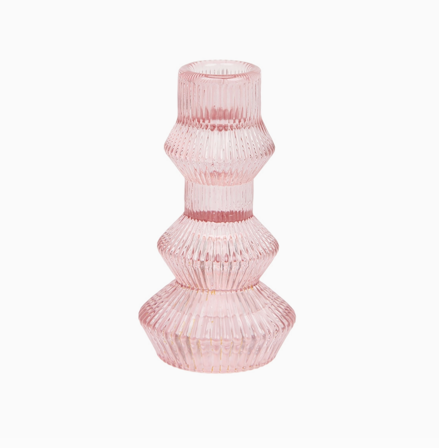 Ribbed Pink Glass Candlestick Holder