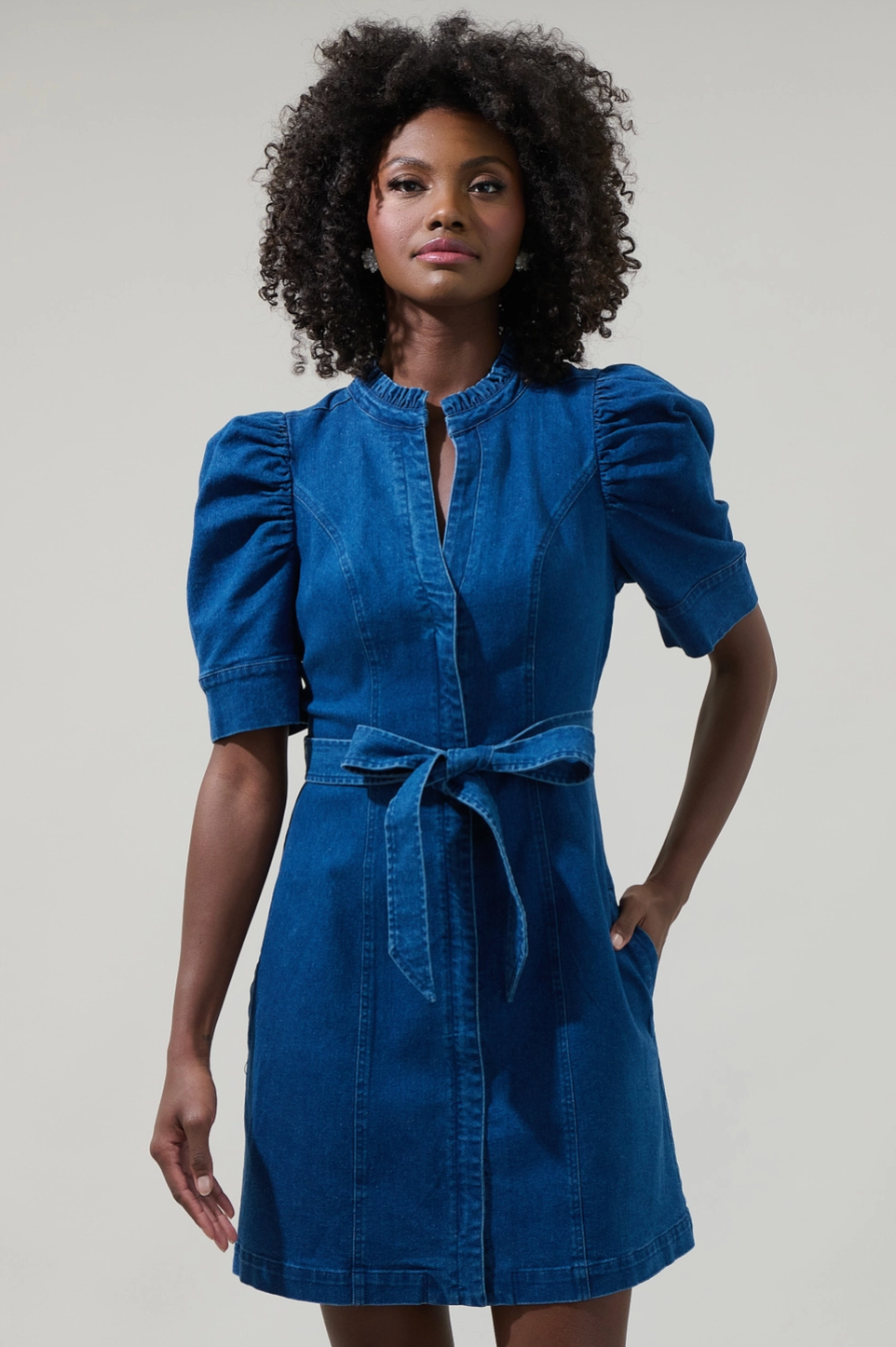 Jamie Denim Puff Sleeve Belted Mini Dress