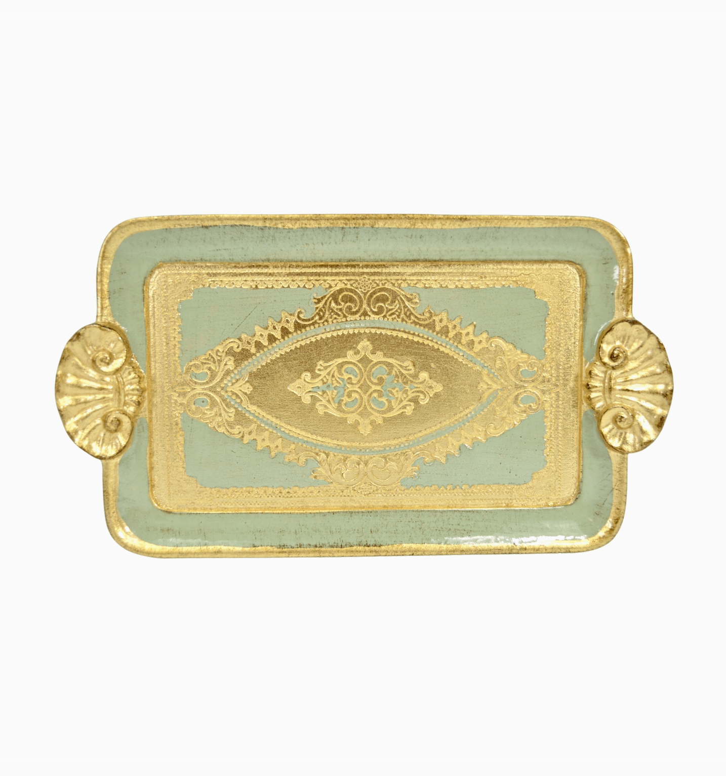 Florentine Carved Wood Rectangle Mini Tray with Shell Handles