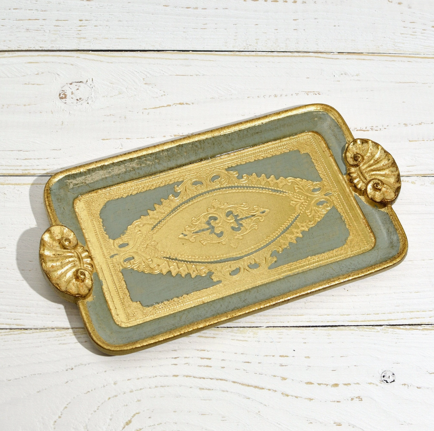 Florentine Carved Wood Rectangle Mini Tray with Shell Handles