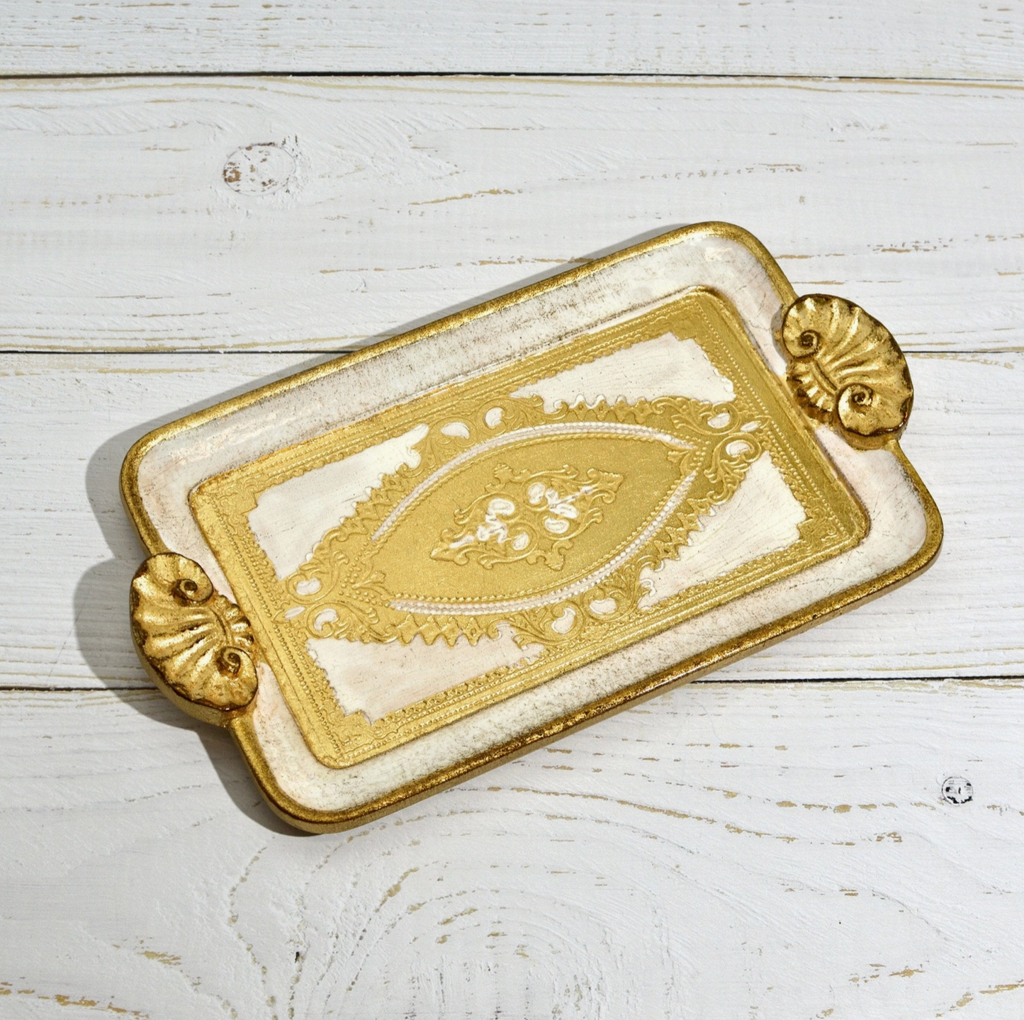 Florentine Carved Wood Rectangle Mini Tray with Shell Handles