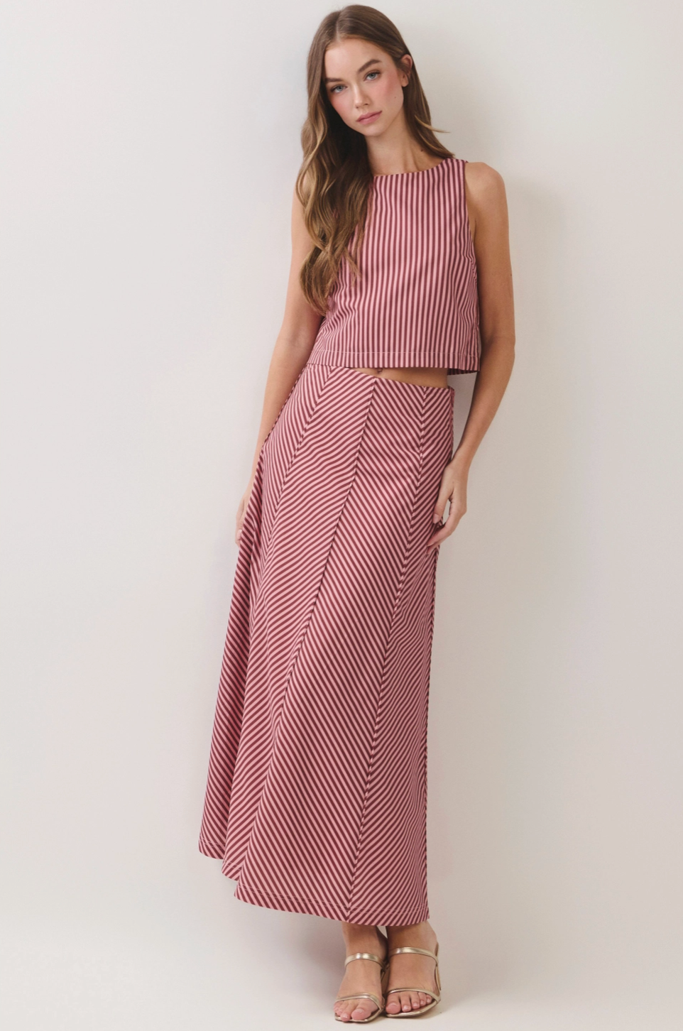 Bias Stripe A-Line Midi Skirt