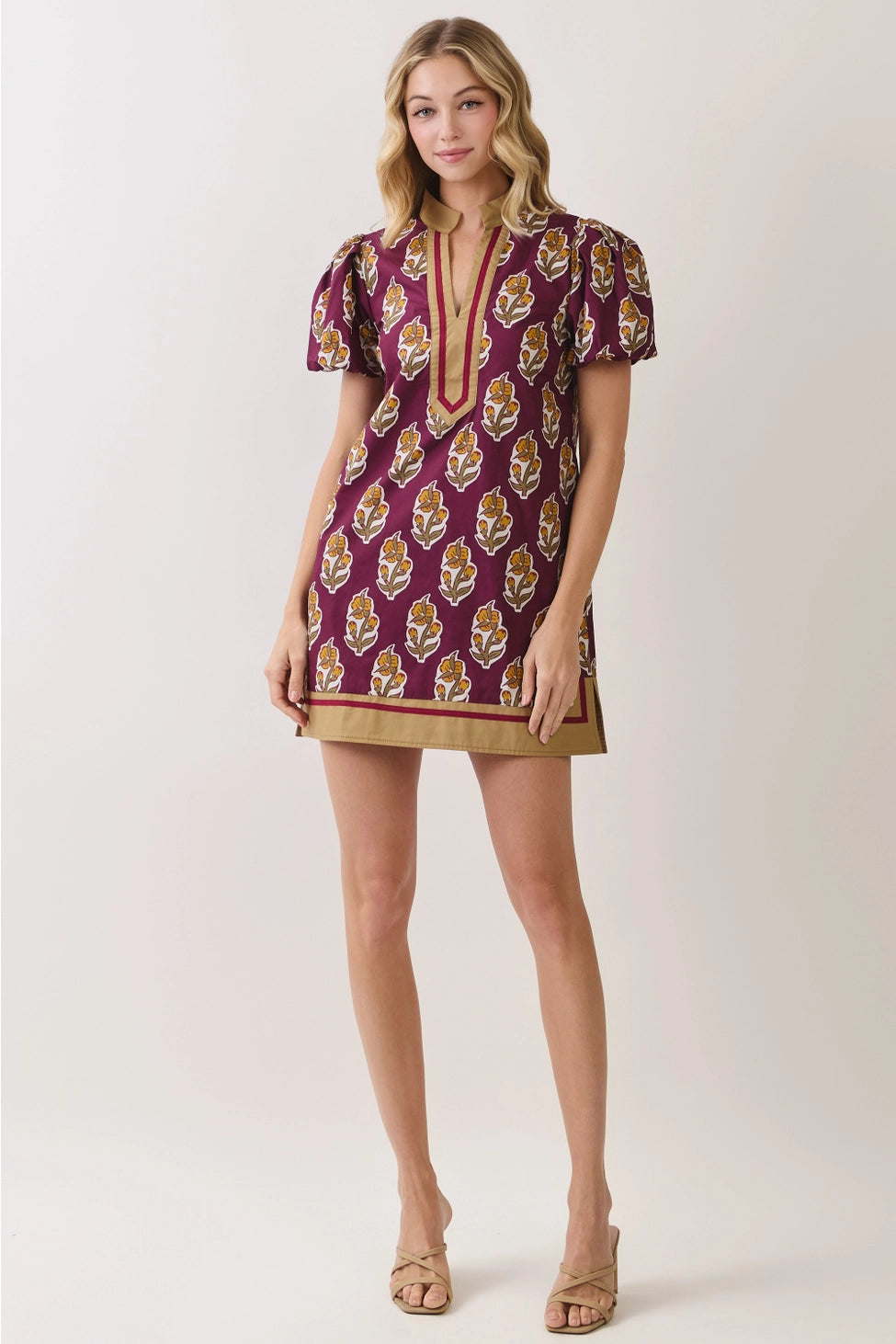 Floral Border Print Puff Sleeve Mini Dress