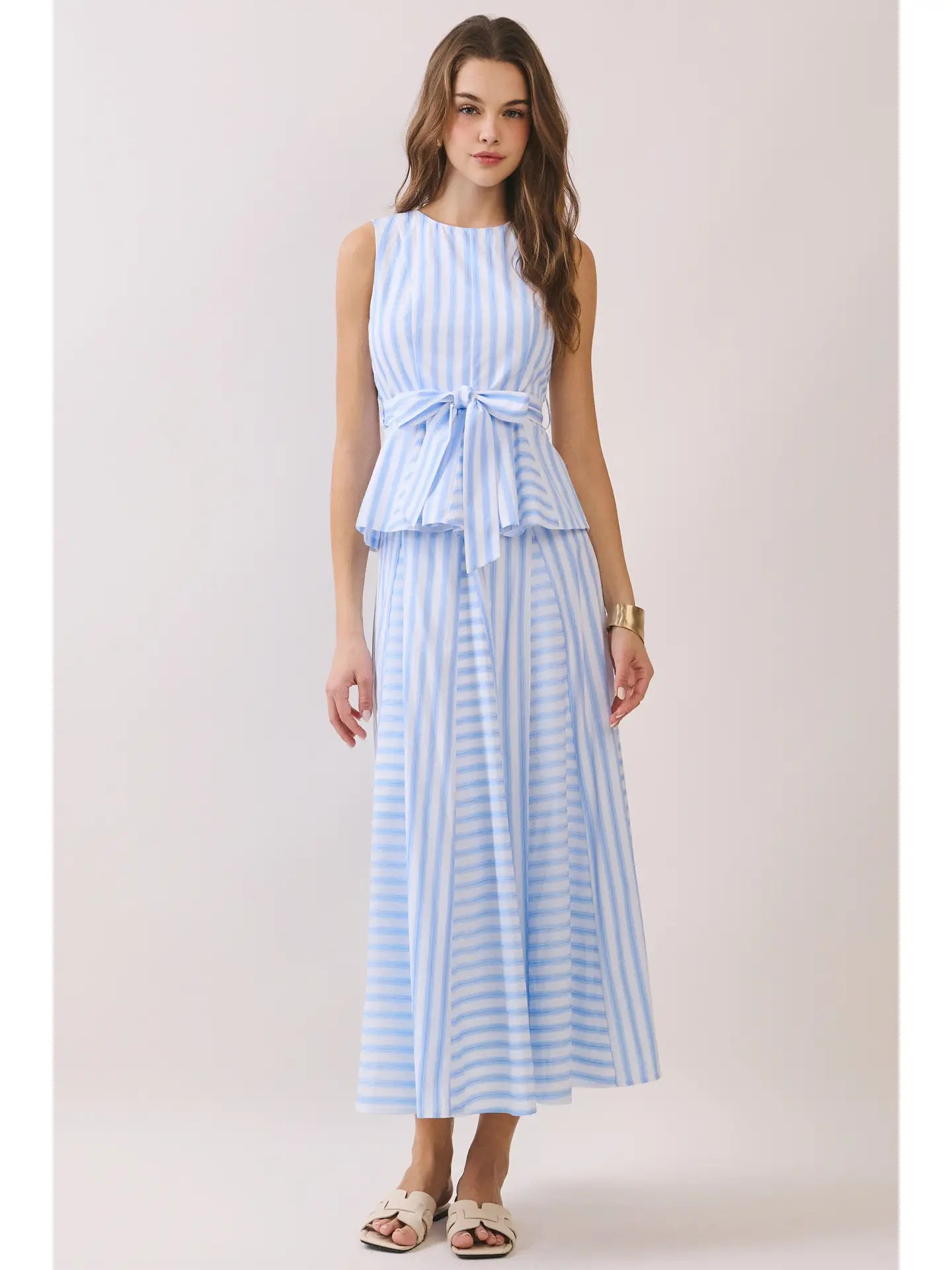 Striped Sleeveless Tie Waist Peplum Top