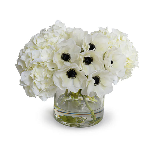 Faux Anemone & Hydrangea Bouquet in Glass Vase