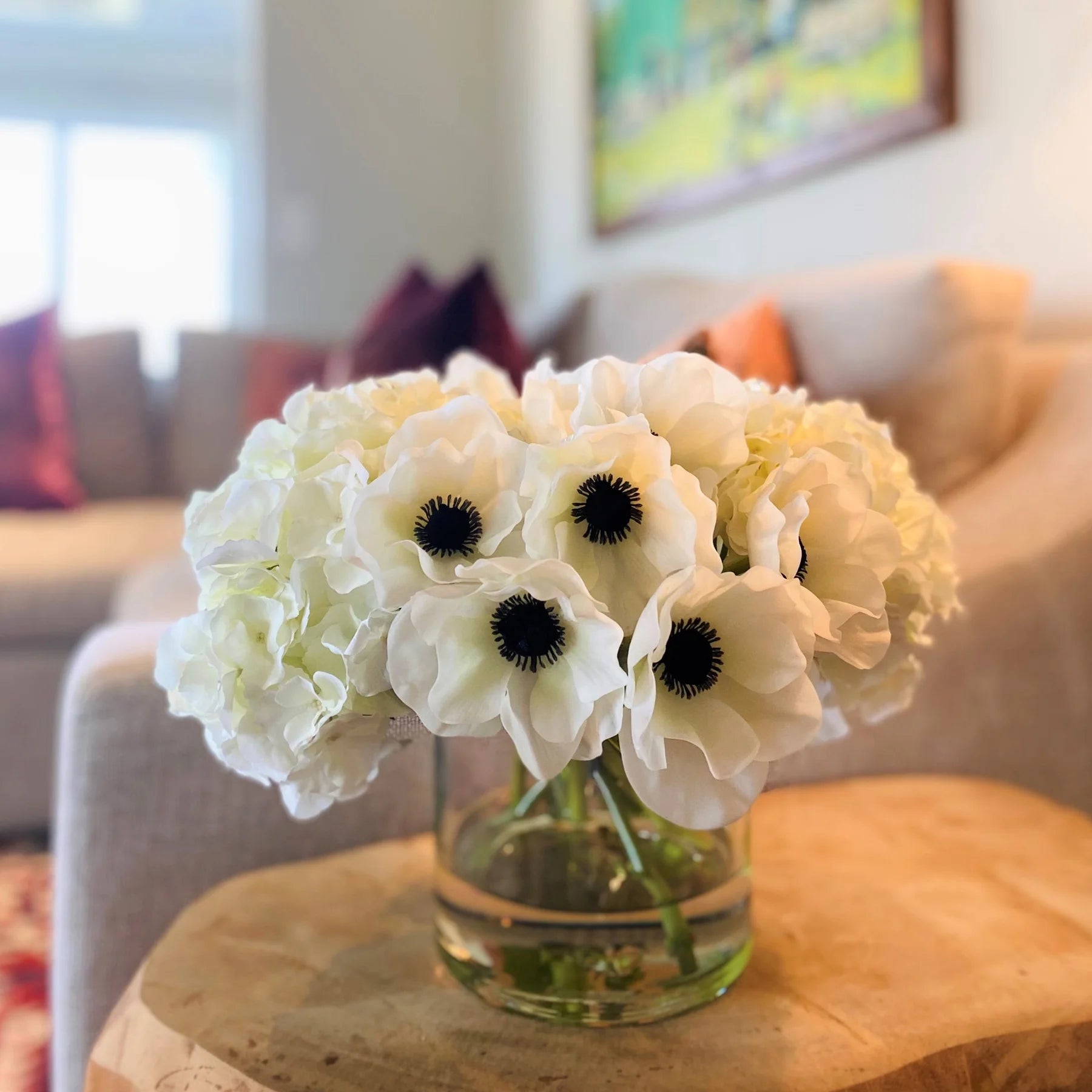 Faux Anemone & Hydrangea Bouquet in Glass Vase