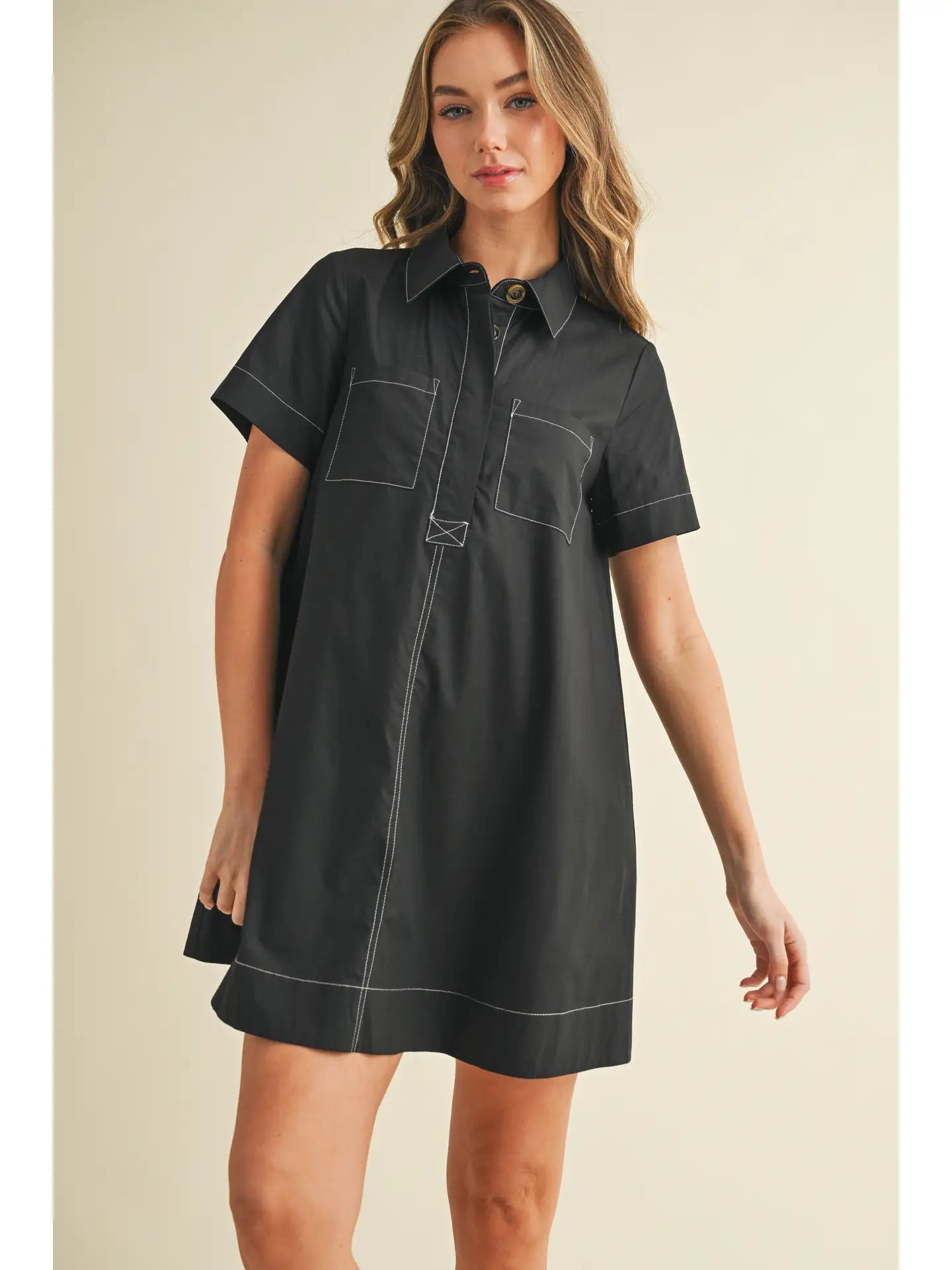 Button Down Bold Contrast Stitching Shirt Dress