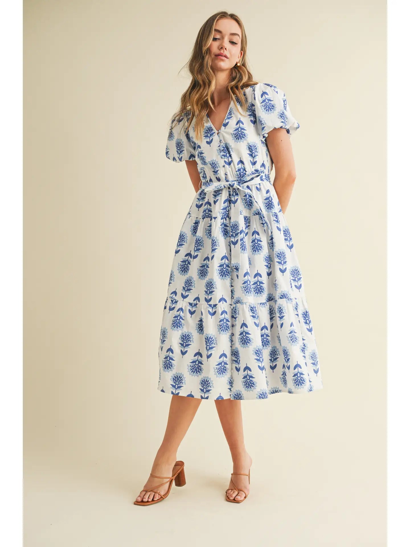Floral Print Puff Sleeves Tiered Skirt Midi Dress