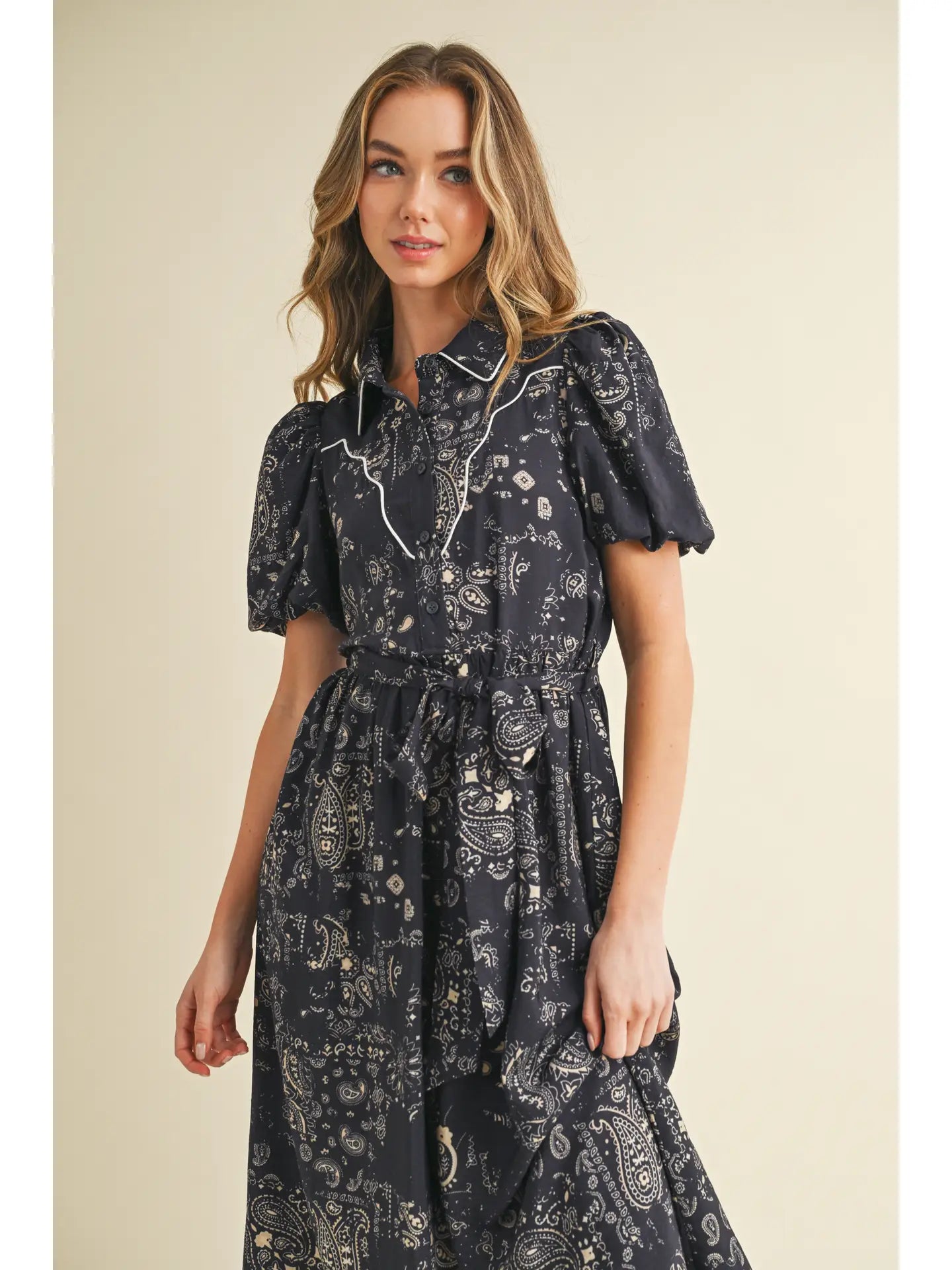 Paisley Print Contrast Piping Detail Midi Dress