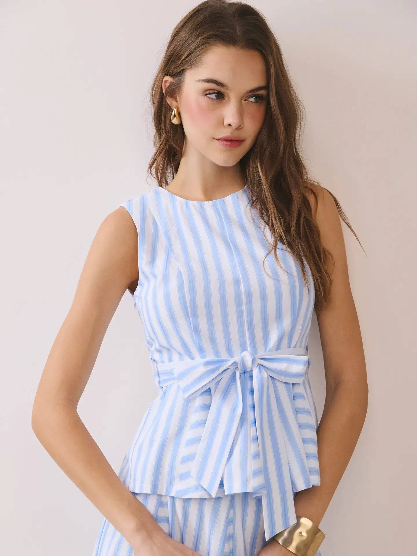 Striped Sleeveless Tie Waist Peplum Top