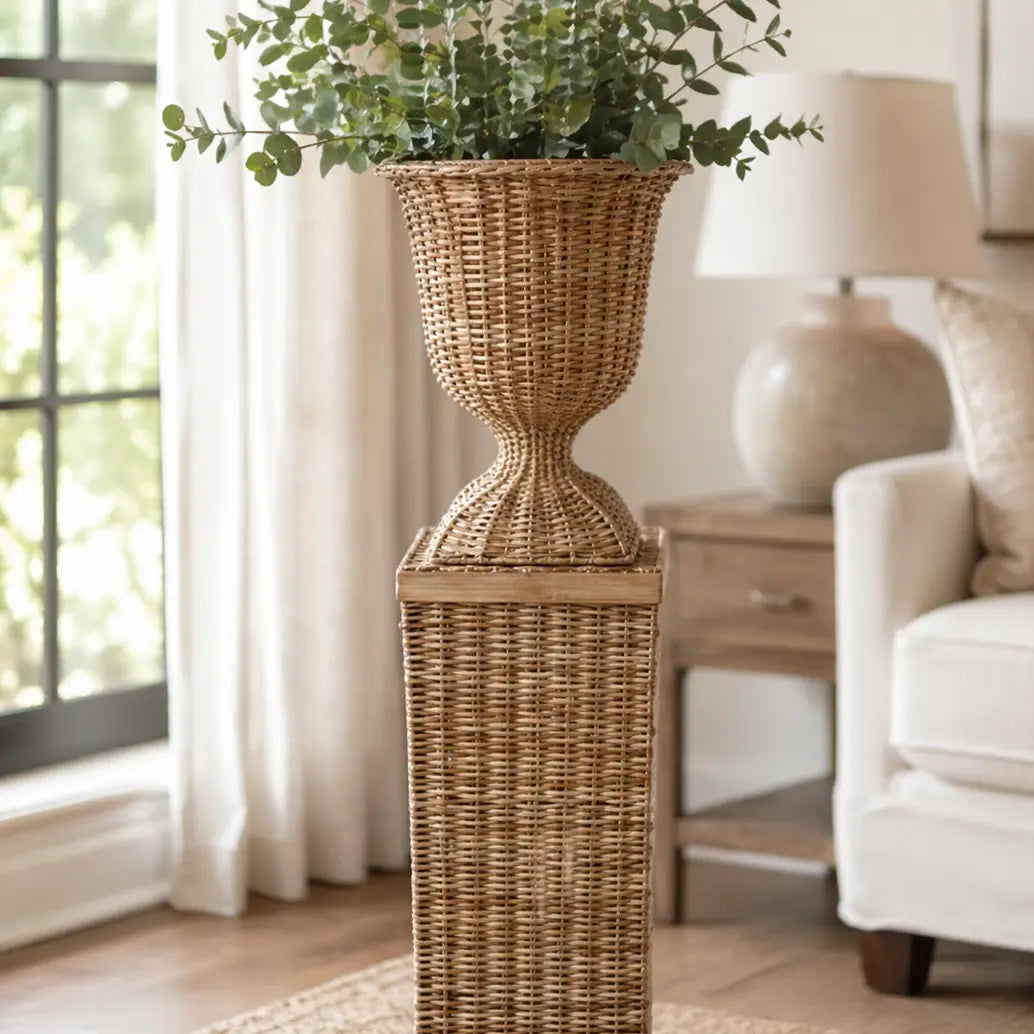 Square Wicker Urn and Pedestal