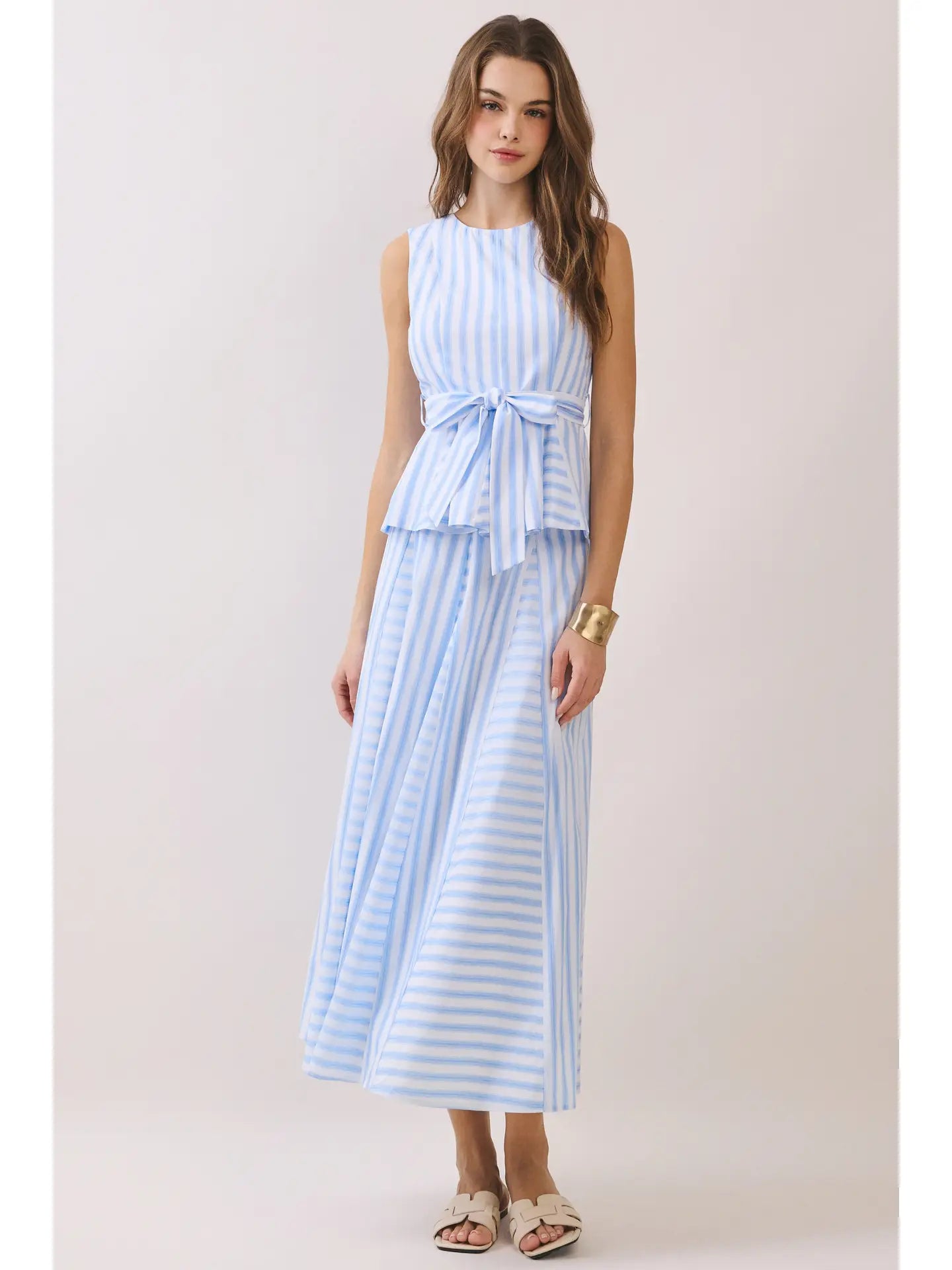 Striped Paneled Construction A Line Midi Skirt