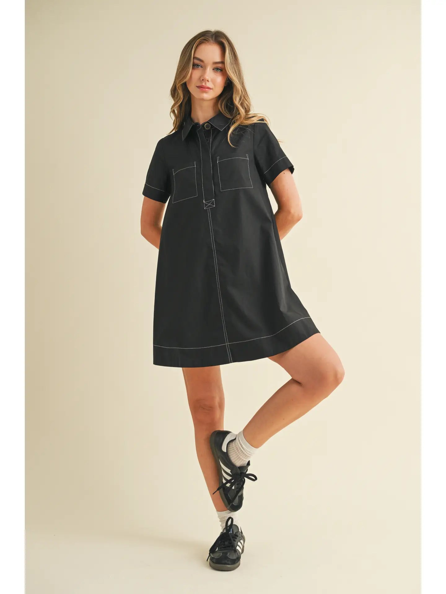 Button Down Bold Contrast Stitching Shirt Dress