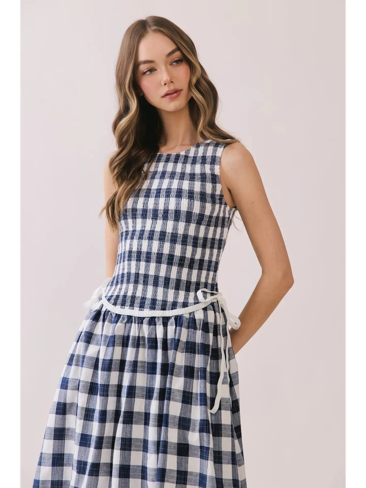 Gingham Sleeveless Midi Dress with Side Tie Detail