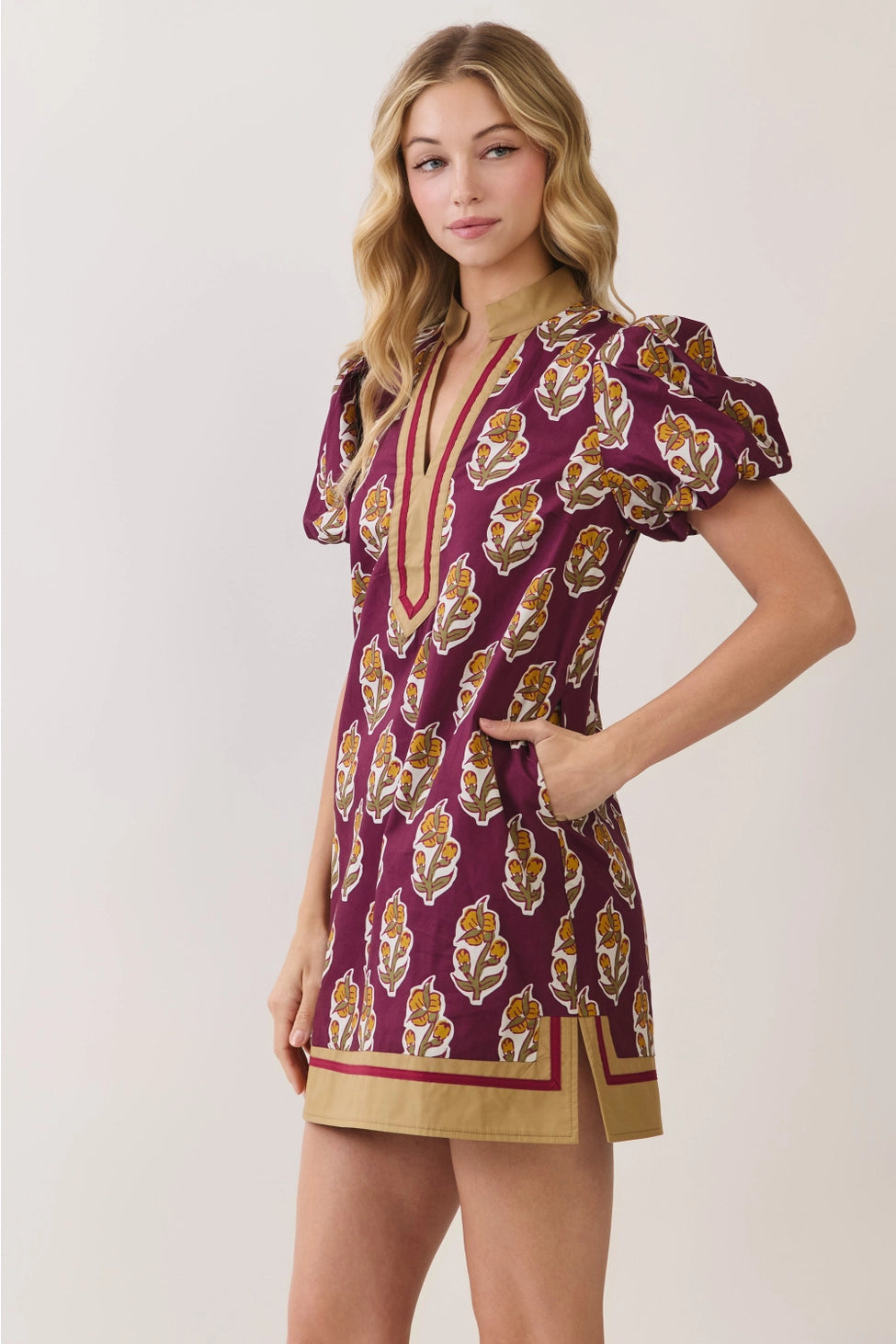 Floral Border Print Puff Sleeve Mini Dress