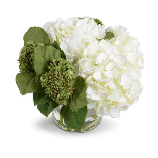 Faux Hydrangea Arrangement in Glass Vase