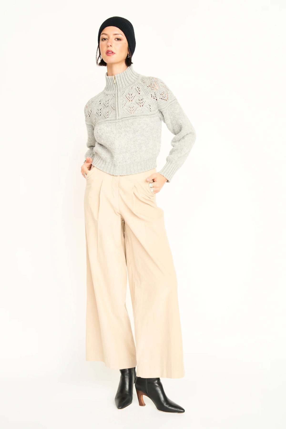 Klosters Pointelle Knit Half Zip in Feather