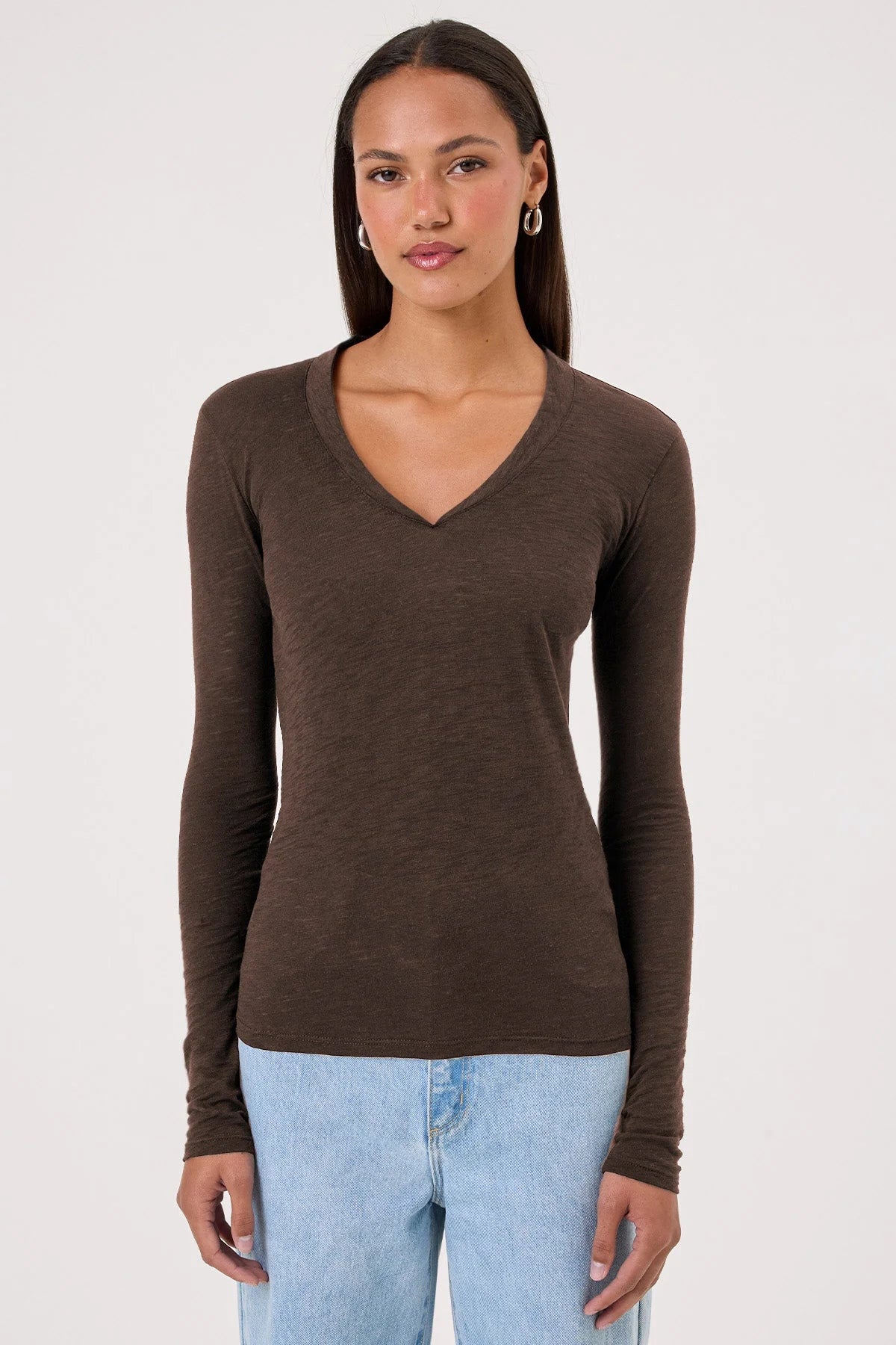 Serenity Long Sleeve V Neck Tee in Coffee