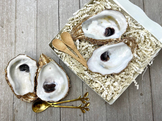 Salt & Pepper Oyster Vessels with Gold Spoons