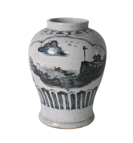 Blue And White Landscape Medallion Open Top Jar