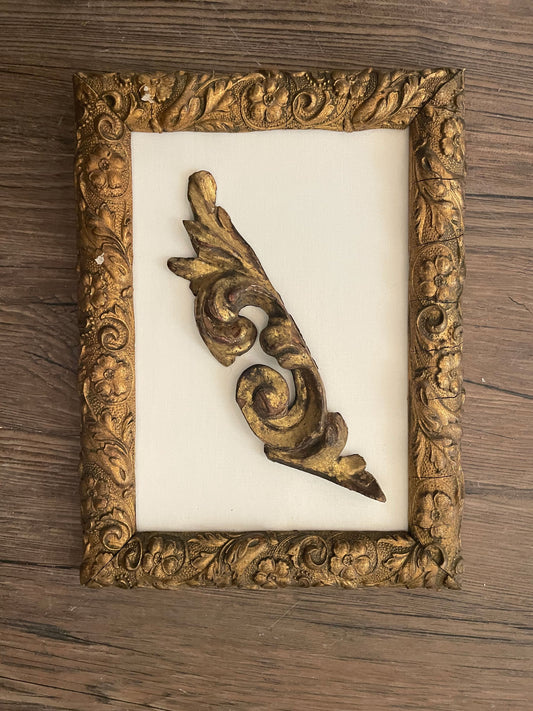 Antique Framed Gold Fragment on White Linen, 8 x 10.5