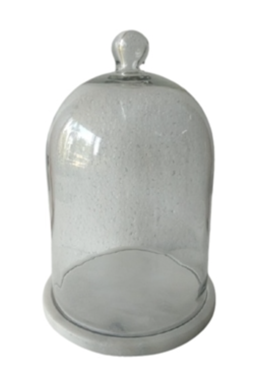 Med. Glass Bell Jar w/ White Marble Base 8.5"Dia - White