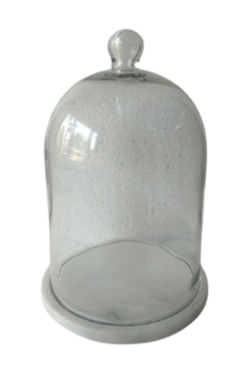 Medium Glass Bell Jar w/ White Marble Base 8.5"Dia - White